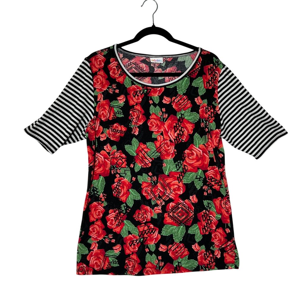 LULAROE Classic Tee Womens XL Black Red Floral Stripe Short Sleeve Stretch